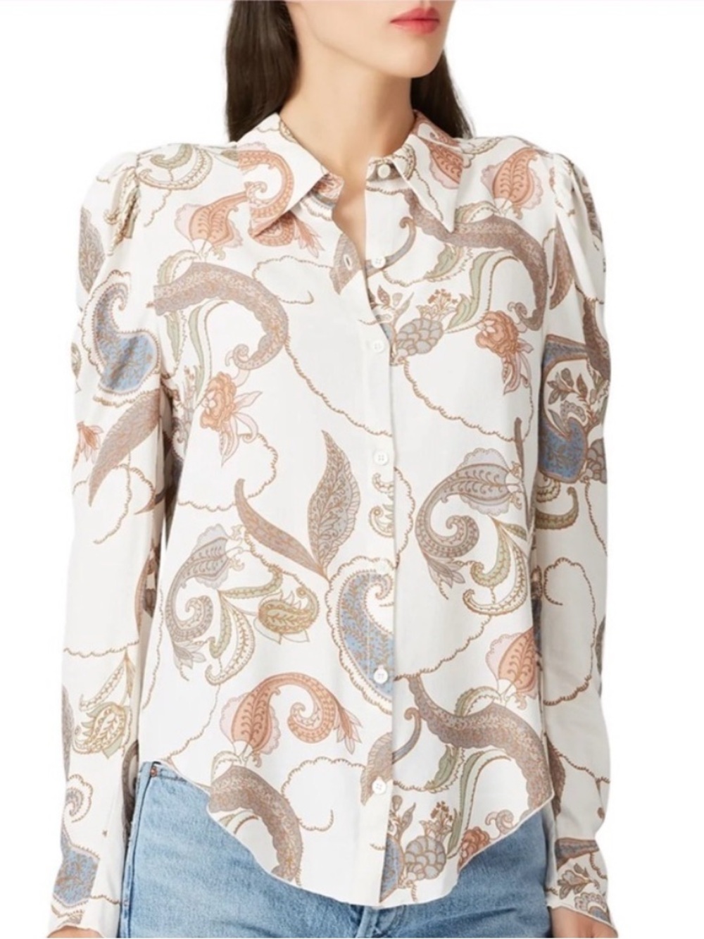 Chloe Paisley Button Down Blouse Shirt in Winter Cream
